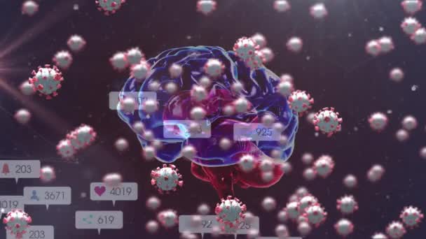 Animation Covid Cells Human Brain Spinning Social Media Icons Παγκόσμια — Αρχείο Βίντεο