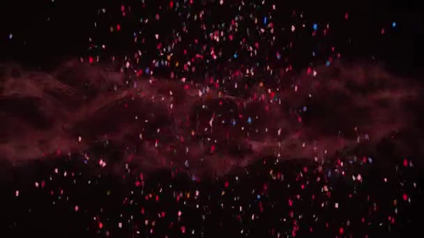 Animatie Van Kleurrijke Confetti Vallen Rode Wolk Bewegen Zwarte Achtergrond — Stockvideo