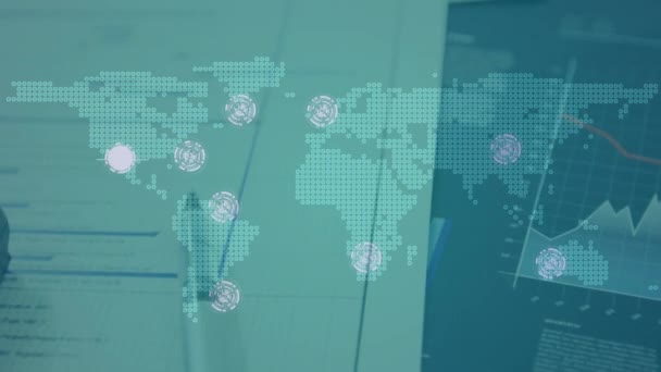 Κινούμενα Σχέδια Δικτύου Συνδέσεων Τον Παγκόσμιο Χάρτη Τον Τερματικό Σταθμό — Αρχείο Βίντεο