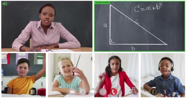 オンライン数学のレッスン中に多様な子供 黒板の6つの画面のアニメーション 世界的な通信技術とオンライン教育の概念デジタルで生成されたビデオ — ストック動画