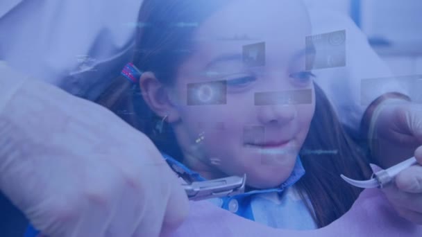 Animering Databehandling Över Flicka Tandläkarstol Global Medicin Anslutningar Och Teknik — Stockvideo