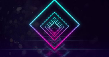 Parlayan neon turkuaz ve siyah arkaplanda pembe elmas çizgileri. Neon kaleydoskopik hareket konsepti dijital olarak oluşturuldu. 4k