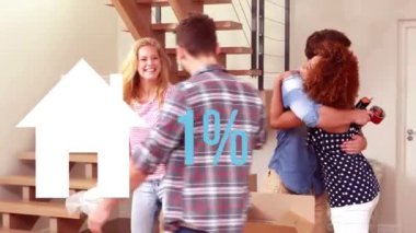 Ev simgesinin mavi ve artan yüzdeyi doldurması, mutlu arkadaşların kutuları paketlemesi. mülkiyet finansmanı ve ev sahipliği kavramı dijital olarak oluşturulmuş animasyon.