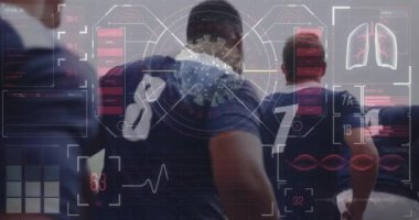 Rugby oyuncuları üzerinde covid 19 tıbbi veri işleme ile dijital arayüzün animasyonu. Tıbbi araştırma teknolojisi ve spor konsepti dijital olarak üretilen animasyon.