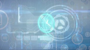 Gri üzerine veri işleme ile dijital arayüzü devreden saatin animasyonu. küresel iletişim teknolojisi ve dijital arayüz konsepti, dijital olarak oluşturulmuş video.