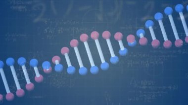 DNA ipliği üzerinde matematiksel denklemlerin animasyonu. küresel eğitim, bilim, dijital arayüz ve dijital olarak üretilen video konsepti.