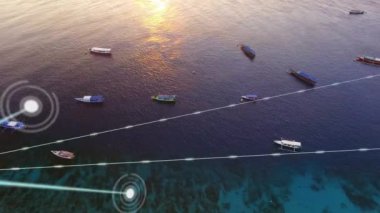 Gökyüzü üzerindeki ikonlarla tekneler arasındaki bağlantı ağlarının animasyonu. küresel bağlantılar, iş dünyası, dijital arayüz, teknoloji ve ağ konsepti dijital olarak oluşturulmuş video.