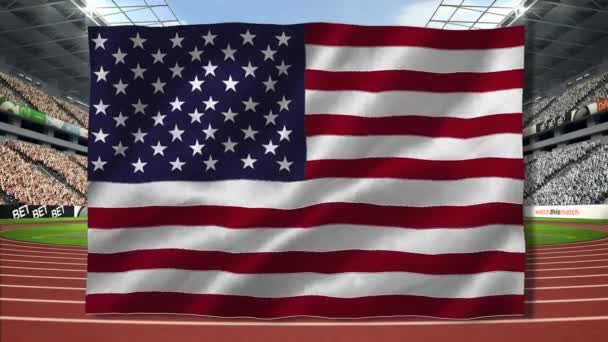 Zusammensetzung Des Schwenkens Der Amerikanischen Flagge Über Dem Stadion Patriotismus — Stockvideo