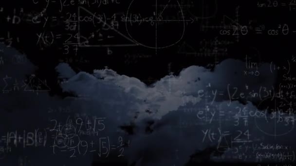 Animering Matematiska Ekvationer Över Moln Global Utbildning Vetenskap Digitalt Gränssnitt — Stockvideo