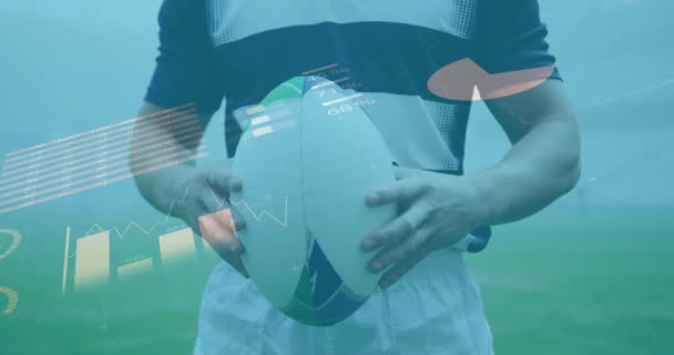 Animación Estadísticas Sobre Jugador Rugby Deportes Globales Tecnología Interfaz Digital — Vídeos de Stock