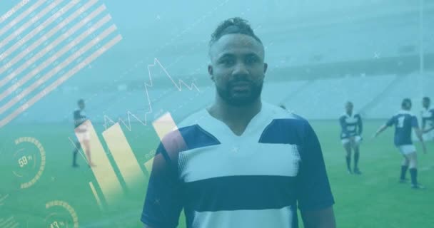 Animatie Van Statistieken Rugbyspelers Wereldwijde Sport Technologie Digitale Interface Aansluitingen — Stockvideo