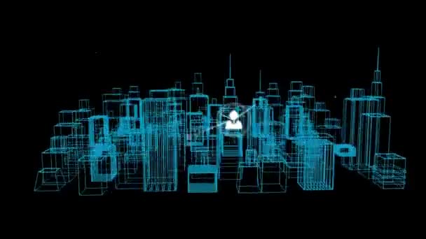 Анимация Сети Соединений Иконками Над Чертежем Города Глобальная Архитектура Соединения — стоковое видео