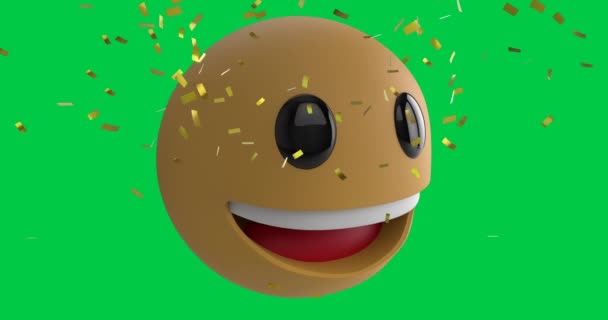 Animação Confetes Caindo Sobre Ícone Emoji Sorridente Fundo Tela Verde — Vídeo de Stock