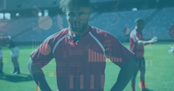 Animation Von Statistiken Über Rugbyspieler Globaler Sport Technologie Digitale Schnittstelle — Stockvideo