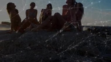 Mutlu arkadaş grubunun plajda eğlenmesi üzerine bağlantı ağlarının animasyonu. Genel bağlantı, konsept olarak dijital olarak oluşturulmuş video.