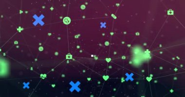 Simge ağı, pembe neon ızgara ve devre ağı üzerinden mavi haçların animasyonu. iletişim teknolojisi ve dijital arayüz kavramı, dijital olarak oluşturulmuş video.