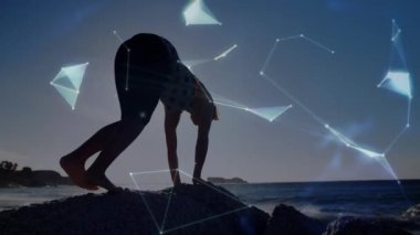 Yoga yapan bir kadının üzerine dünyanın animasyonu. Genel bağlantı, konsept olarak dijital olarak oluşturulmuş video.