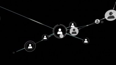 Siyah arkaplan üzerindeki simgelerle bağlantı ağlarının animasyonu. küresel bağlantılar, dijital arayüz, dijital olarak oluşturulan veri işleme konsepti.