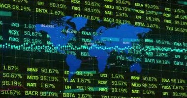 Dünya haritasında finansal veri işleme animasyonu. küresel iş, finans, veri işleme ve teknoloji konsepti dijital olarak oluşturulmuş video.