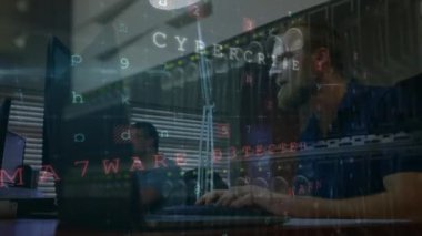 Bilgisayar kullanan bilim adamlarına yapılan siber saldırı uyarısının animasyonu. küresel internet güvenliği, bağlantılar ve veri işleme konsepti dijital olarak oluşturulmuş video.