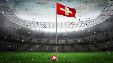 İsviçre spor stadyumunda bayrağın üzerine düşen konfeti animasyonu. spor, zafer, başarı, rekabet ve kutlama konsepti, dijital olarak oluşturulmuş video.