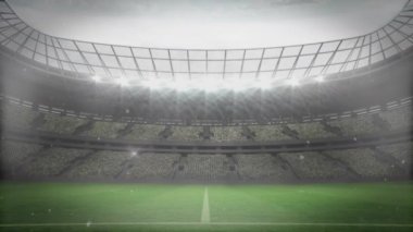 Spor stadyumundaki cam duvarları yıkıp geçen futbol topunun üzerine yağan kar animasyonu. spor, hava durumu, başarı ve yarışma konsepti, dijital olarak oluşturulmuş video.