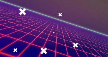 Kırmızı ızgara üzerinde beyaz haçların animasyonu, dünya üzerinde veri işleme ve siyah üzerinde qr kodu. 