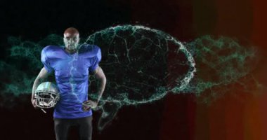 Amerikan futbolcusunun kaskını tutan dijital beyin animasyonu. global spor, fitness ve veri işleme konsepti dijital olarak oluşturulmuş video.