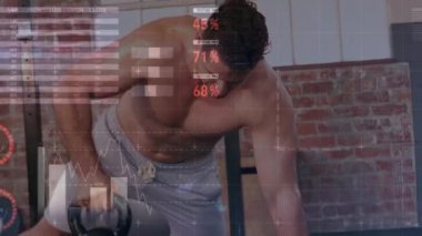 Güçlü adam egzersizleriyle ilgili veri işleme ve istatistiklerin animasyonu. global spor, fitness ve veri işleme konsepti dijital olarak oluşturulmuş video.