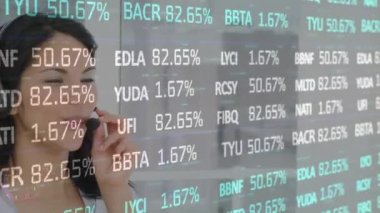 Telefon kulaklığı takan iş kadınının finansal ve istatistiksel veri işleme animasyonu. küresel finansman, iş dünyası, dijital arayüz ve teknoloji konsepti dijital olarak oluşturulmuş video.