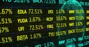 Küresel ve finansal veri işleme animasyonu. küresel bağlantılar, iş dünyası, finans, veri işleme ve teknoloji konsepti dijital olarak oluşturulmuş video.