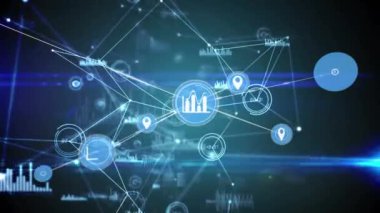 Siyah arkaplan üzerindeki simgelerle bağlantı ağlarının animasyonu. küresel bağlantılar, dijital arayüz, dijital olarak oluşturulan veri işleme konsepti.