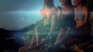 Mutlu arkadaş grubunun plajda eğlenmesi üzerine bağlantı ağlarının animasyonu. Genel bağlantı, konsept olarak dijital olarak oluşturulmuş video.