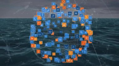 Denizdeki simgelerle bağlantı ağının animasyonu. küresel bağlantılar, veri işleme ve teknoloji konsepti dijital olarak oluşturulmuş video.