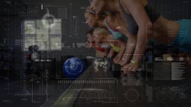 Spor salonunda egzersiz yapan kadınlar üzerinde yapılan tarama ve veri işleme animasyonları. fitness, refah ve veri işleme konsepti dijital olarak oluşturulmuş video.