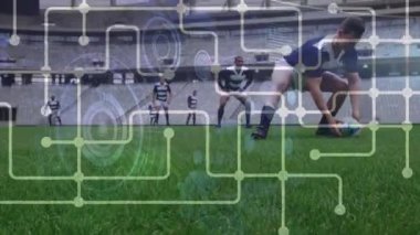 Futbolcular üzerinden bağlantı ağının animasyonu. global spor, rekabet, bağlantılar, veri işleme konsepti dijital olarak oluşturulmuş video.