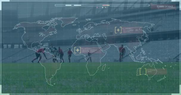 Κινούμενο Σχέδιο Ψηφιακής Διασύνδεσης Παγκόσμιο Χάρτη Πάνω Από Ποδοσφαιριστές Παγκόσμιος — Αρχείο Βίντεο