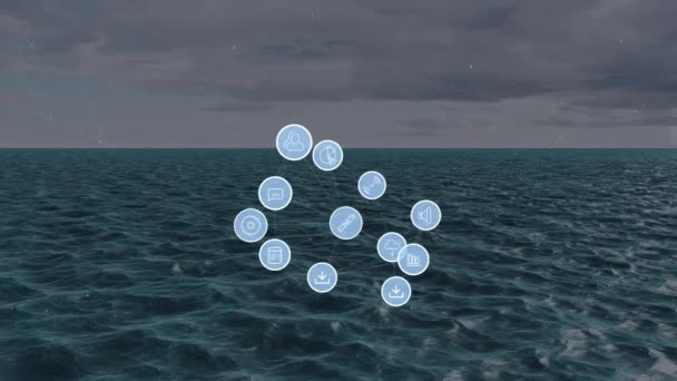 Animacja Sieci Połączeń Ikonami Nad Morzem Globalne Połączenia Przetwarzanie Danych — Wideo stockowe
