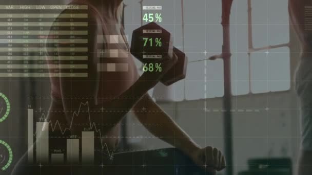 Animação Processamento Dados Estatísticas Sobre Exercício Forte Mulher Conceito Global — Vídeo de Stock