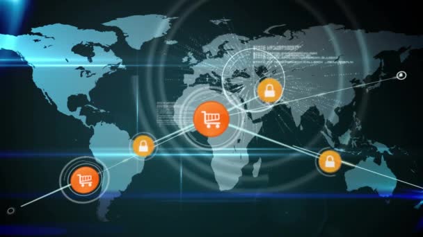 Animação Redes Conexões Com Ícones Sobre Mapa Mundo Conexões Globais — Vídeo de Stock