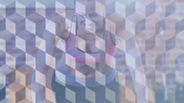 Animation White Squares Woman Exercising Global Sports Fitness Connections Technology — Stock Video