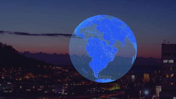 Анимация Земного Шара Вращающаяся Над Городским Пейзажем Глобальные Соединения Обработка — стоковое видео