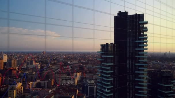 Animación Línea Roja Procesamiento Datos Financieros Través Del Paisaje Urbano — Vídeos de Stock