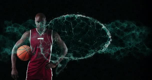 Animación Cerebro Digital Girando Sobre Jugador Baloncesto Masculino Sosteniendo Pelota — Vídeo de stock