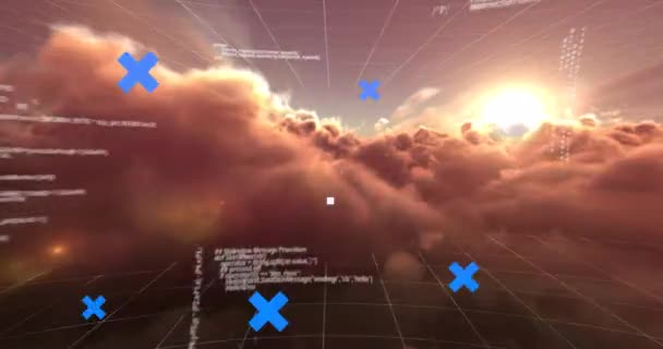 Animation Von Blauen Kreuzen Über Datenverarbeitung Himmel Netzwerk Von Verbindungen — Stockvideo