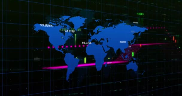 Animação Processamento Dados Financeiros Através Mapa Mundial Conceito Global Negócios — Vídeo de Stock