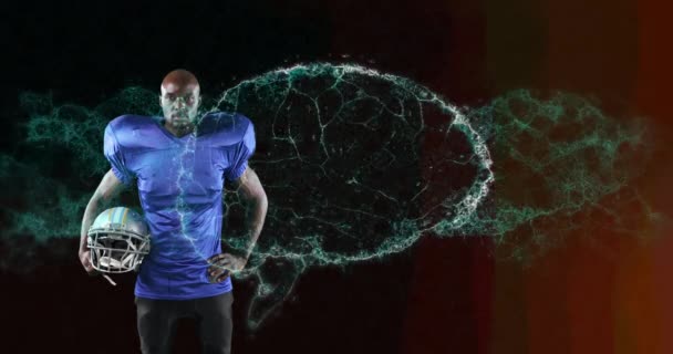 Animación Cerebro Digital Girando Sobre Jugador Fútbol Americano Masculino Sosteniendo — Vídeos de Stock