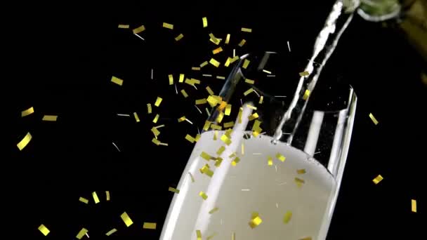 Анимация Конфетти Падающих Бокалом Шампанского Черном Фоне Вечеринка Празднование Концепции — стоковое видео