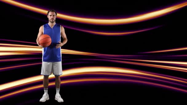 ライトトレイルの上にボールを保持バスケットボール選手のアニメーション スポーツ フィットネス データ処理の概念をデジタルで生成したビデオ — ストック動画