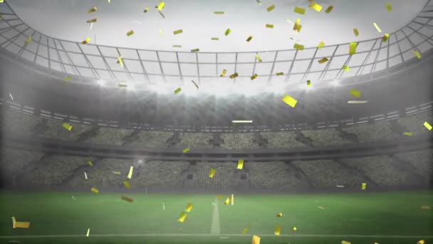 Animación Confeti Oro Cayendo Sobre Fútbol Rompiendo Pared Cristal Estadio — Vídeos de Stock